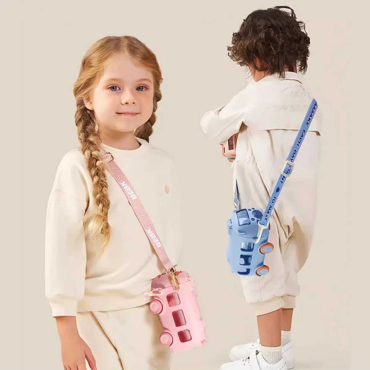 School Bus Design Kids Water Bottle With Strap 600ml (Random Color)